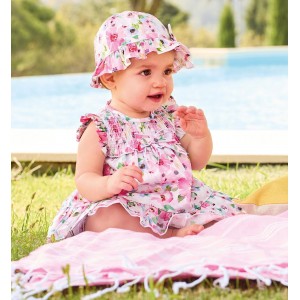 Salopetă Minibanda bebe fetițe din bumbac satinat, imprimeu floral, cu pălărie și culotte, 3.B784PV25RZ